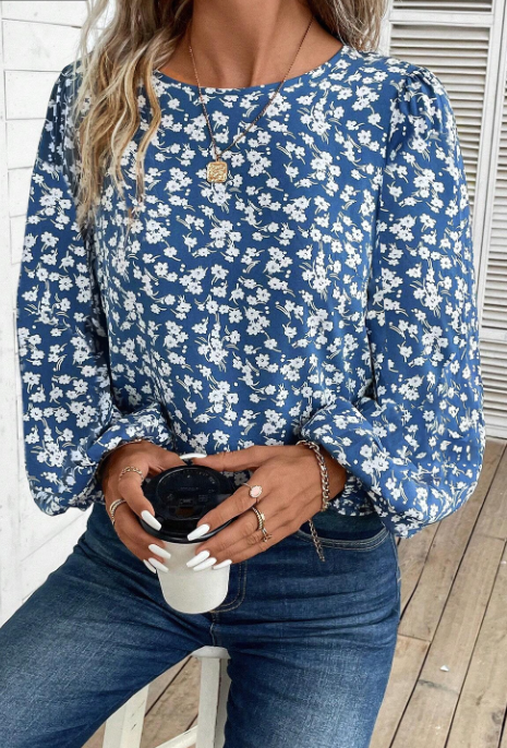 Blue Floral Print Lantern Sleeve Top
