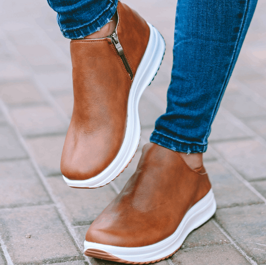 Brown Leather Zipped Non-slip Thick Sole Ankle Boots