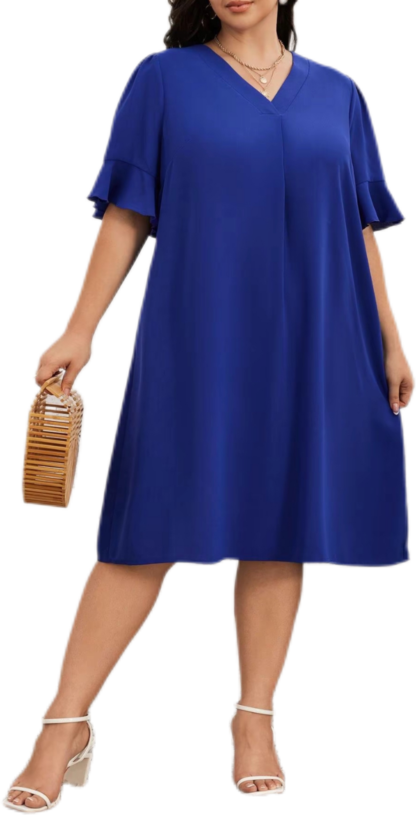 Blue V-Neck Ruffled Sleeve Short Sleeve Dress