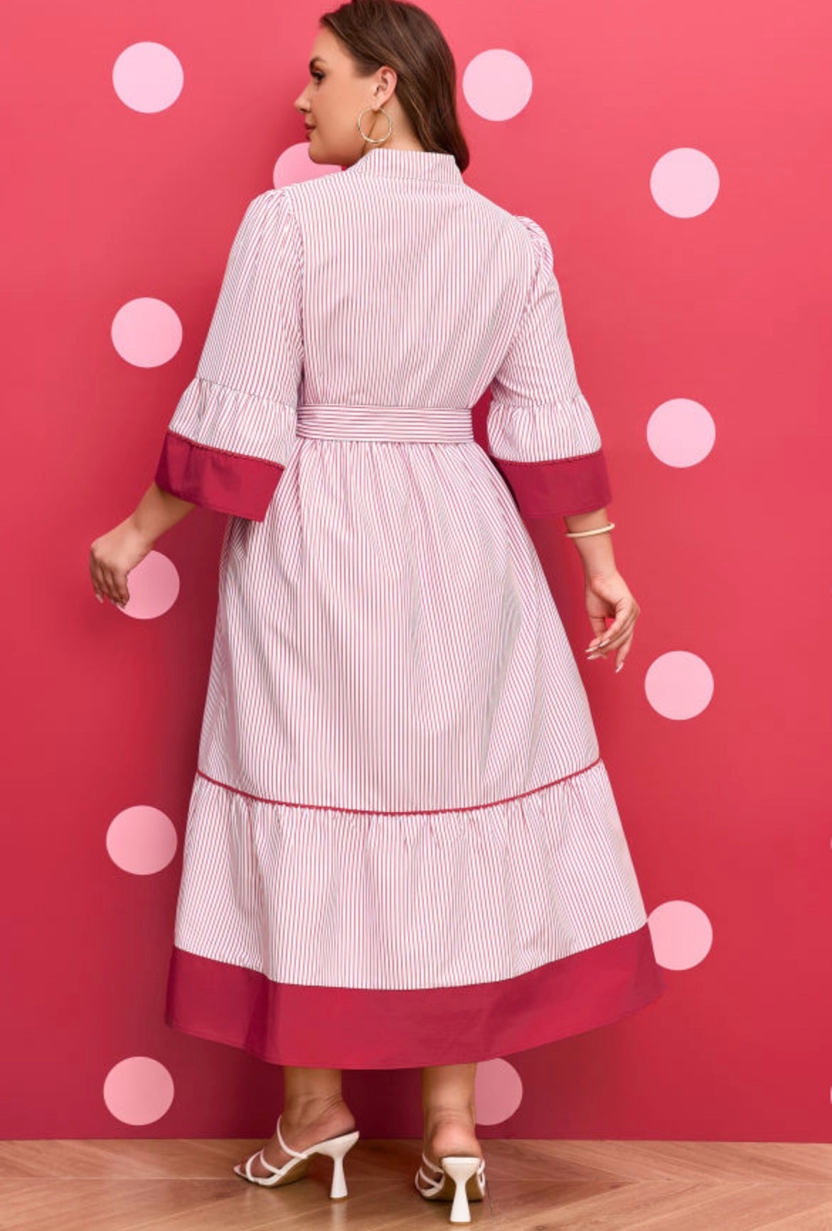 Red Stripe Ruffle Hem Midi Curvy