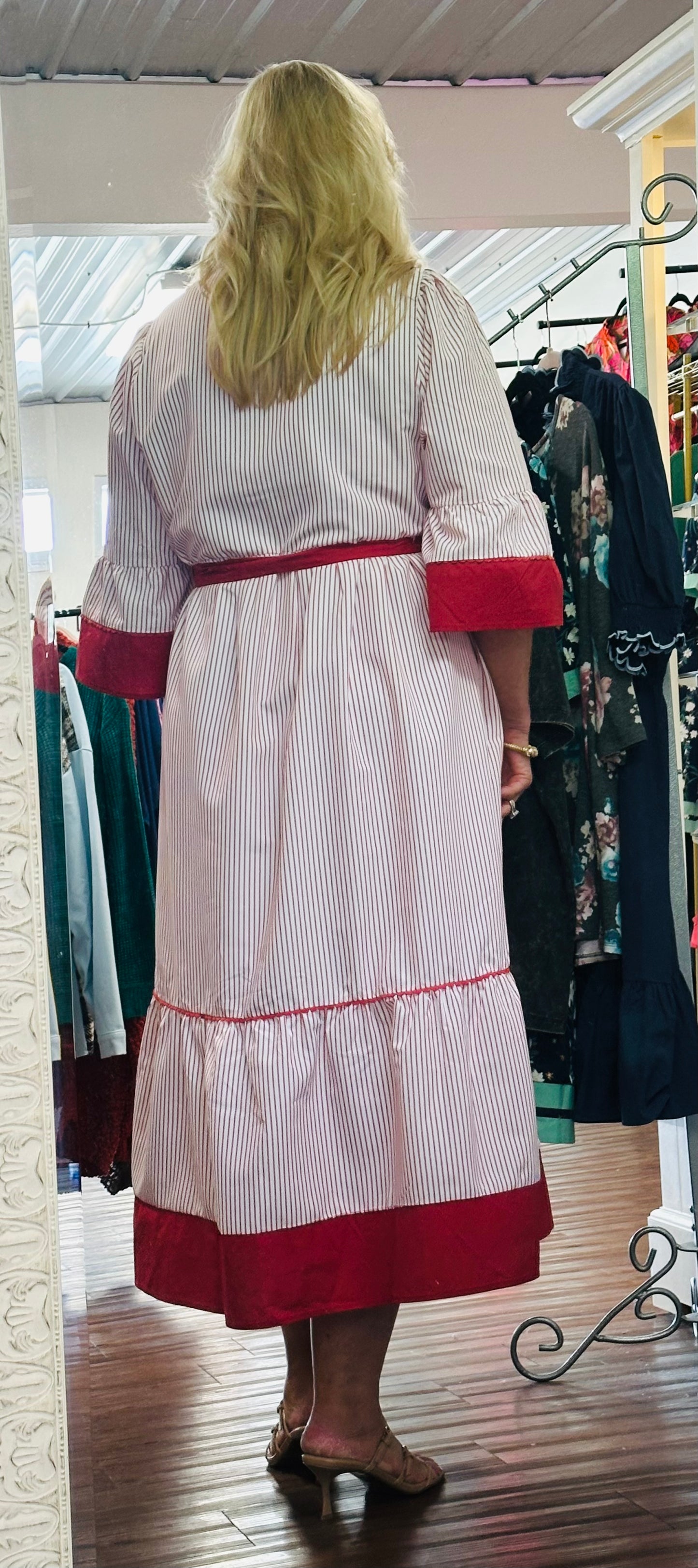 Red Stripe Ruffle Hem Midi Curvy