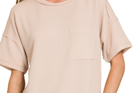 Sand Beige Ribbed Short Sleeve Top