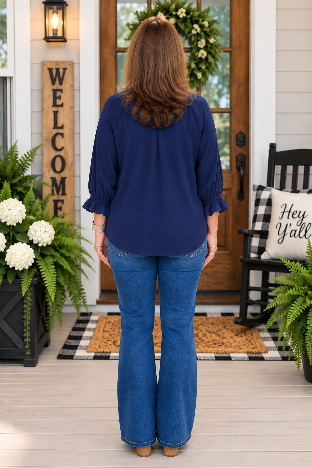Blue Long Sleeve Leopard Trim Top