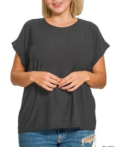 Curvy Black Rolled Sleeve Top