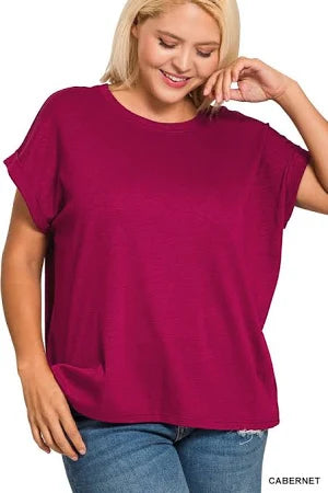 Curvy Cabernet Rolled Sleeve Top