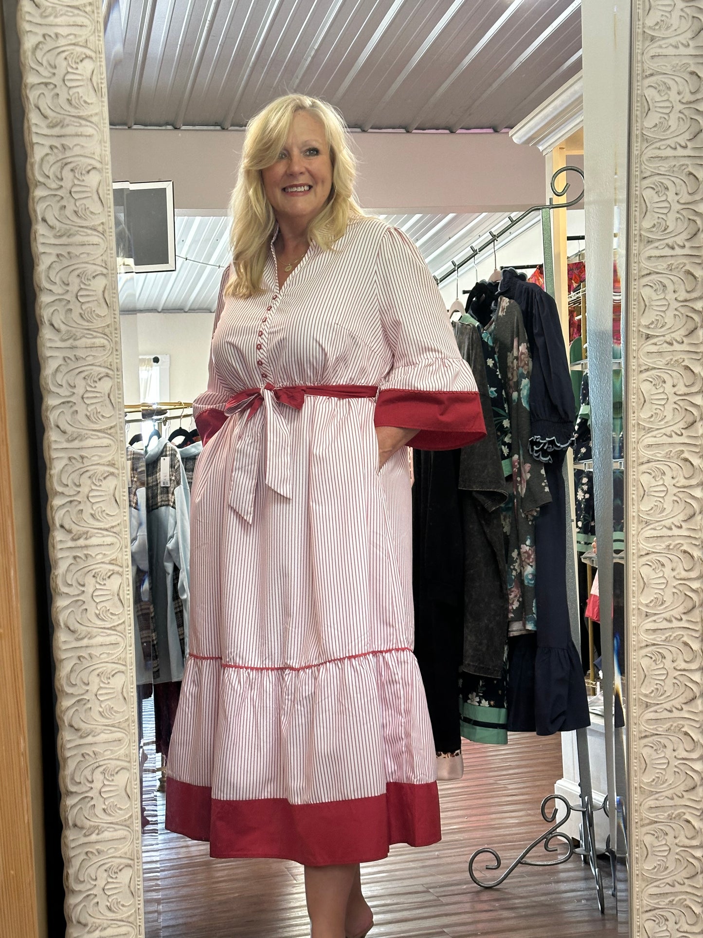 Red Stripe Ruffle Hem Midi Curvy