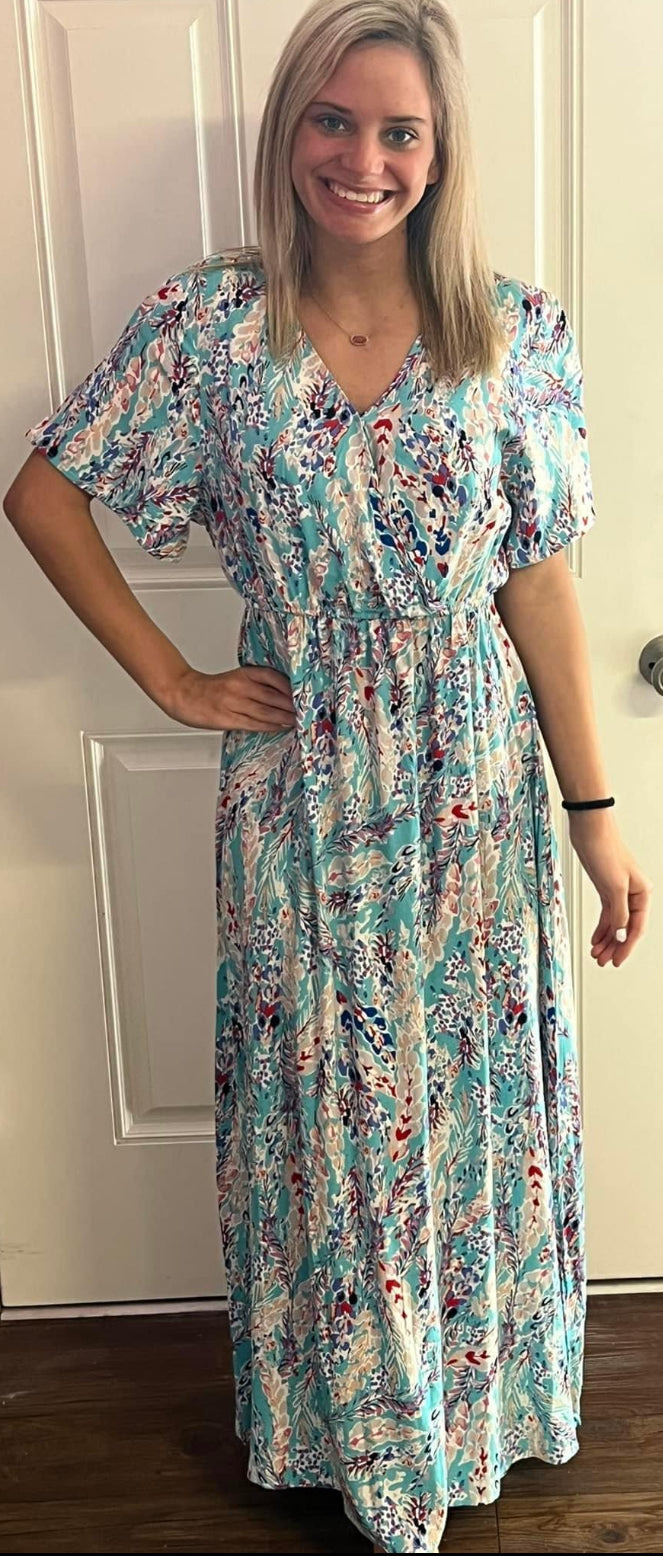 Maxi Dress VNeck Teal Spring Floral