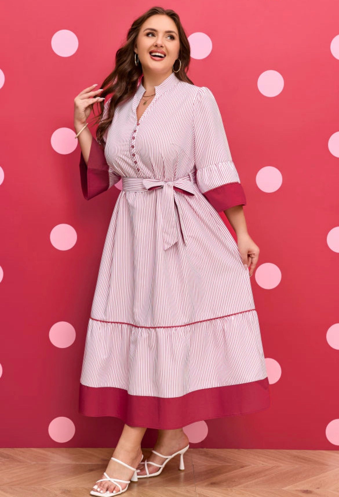 Red Stripe Ruffle Hem Midi Curvy