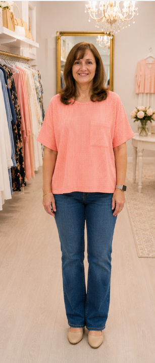 Coral Ribbed Short Sleeve Top