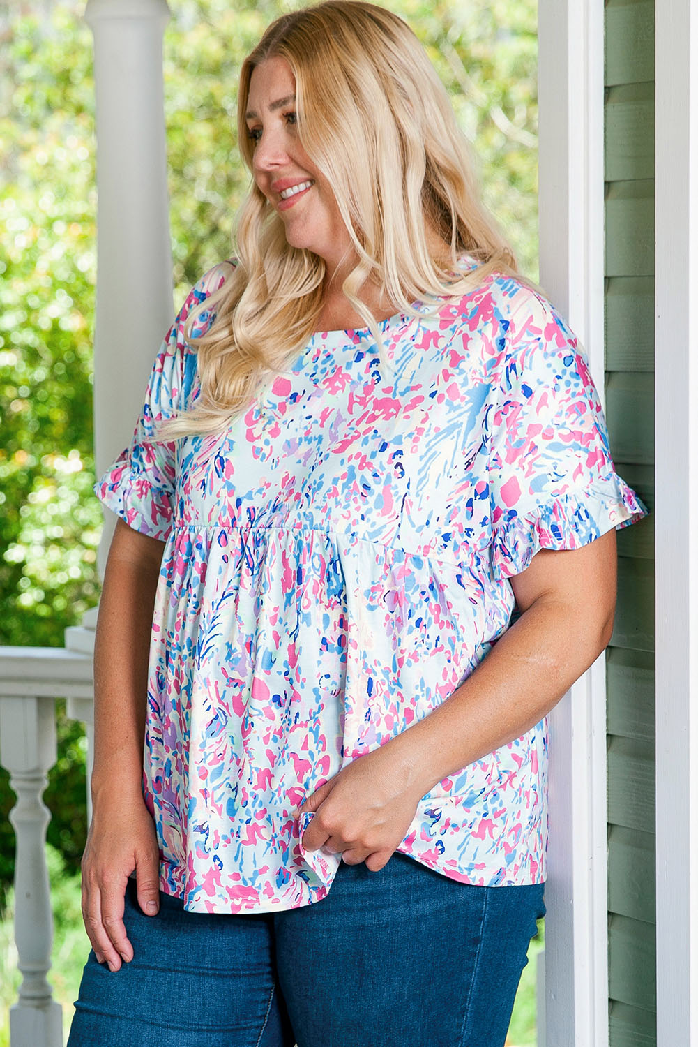 Floral Short Sleeve Ruffle Top