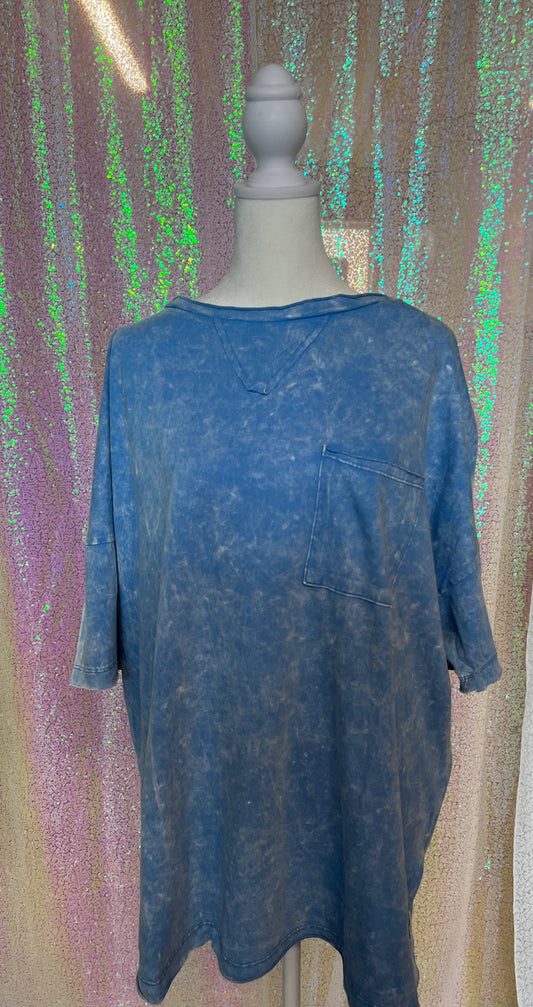 Acid Wash Drop Shoulder Front Pocket Raw Edge Blue