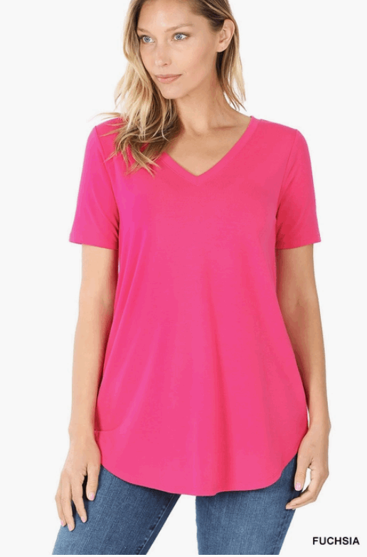 Fushia Short Sleeve V-Neck Round Hem Top