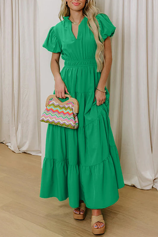 Green Puffed Sleeve Maxi Dress