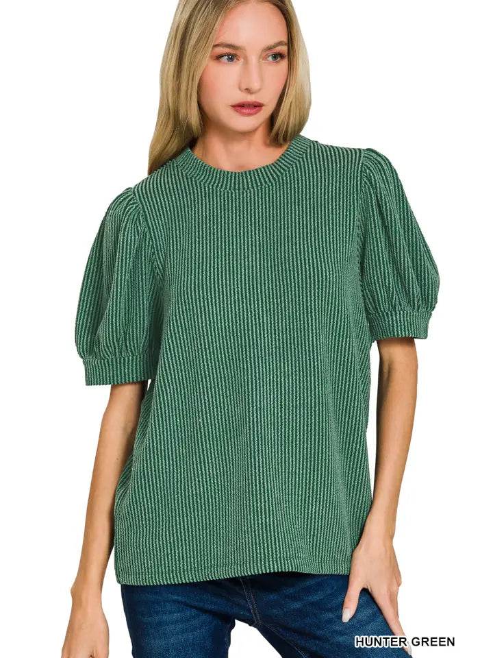 Green Ribbed Puff Sleeve Top