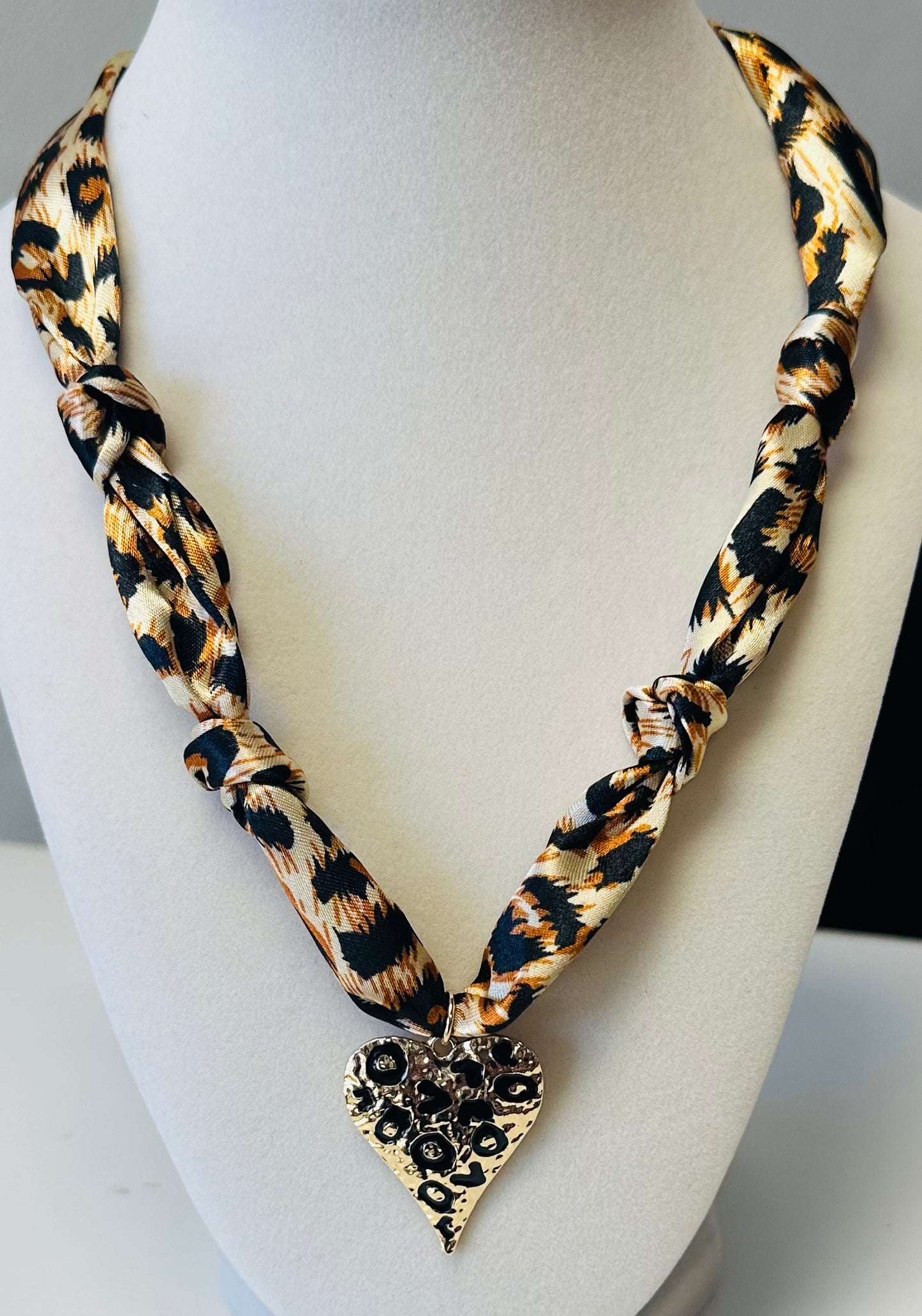 Leopard Heart Charm Scarf Necklace