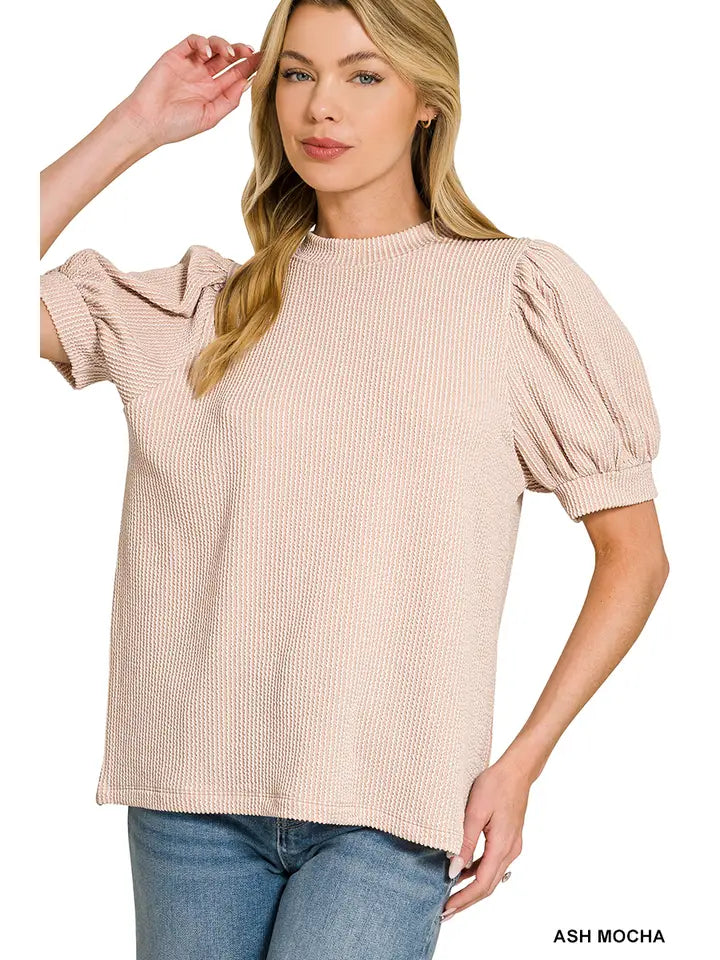 Mocha Ribbed Puff Sleeve Top