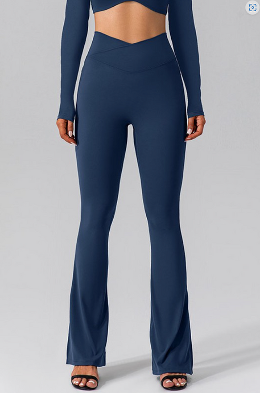 Navy Blue Cross Waist Band Flare Leggings