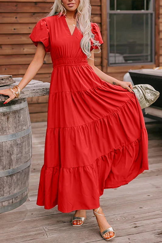 Red Puffed Sleeve Maxi Dress