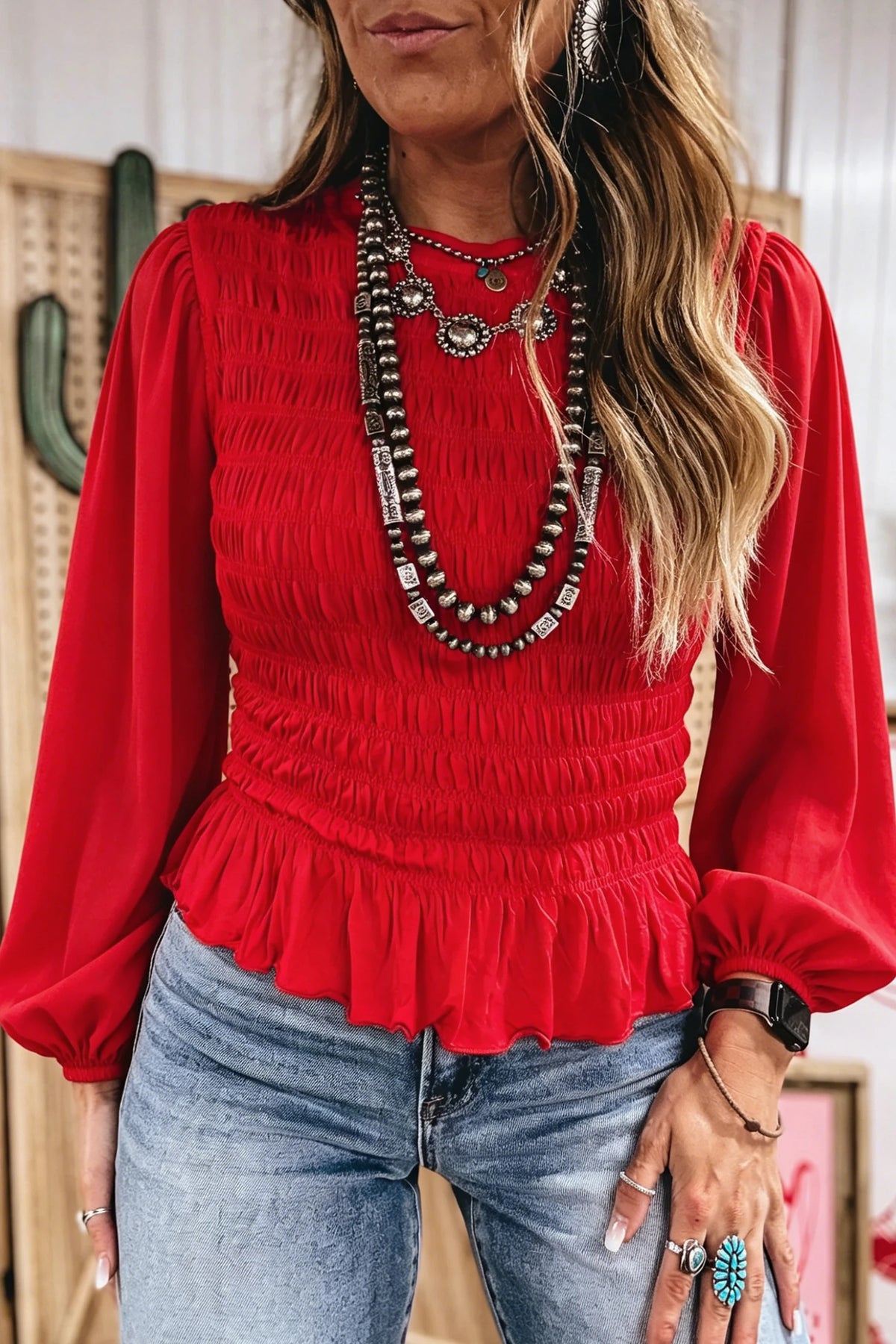 Red Smocked L/S Top
