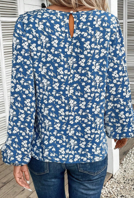Blue Floral Print Lantern Sleeve Top