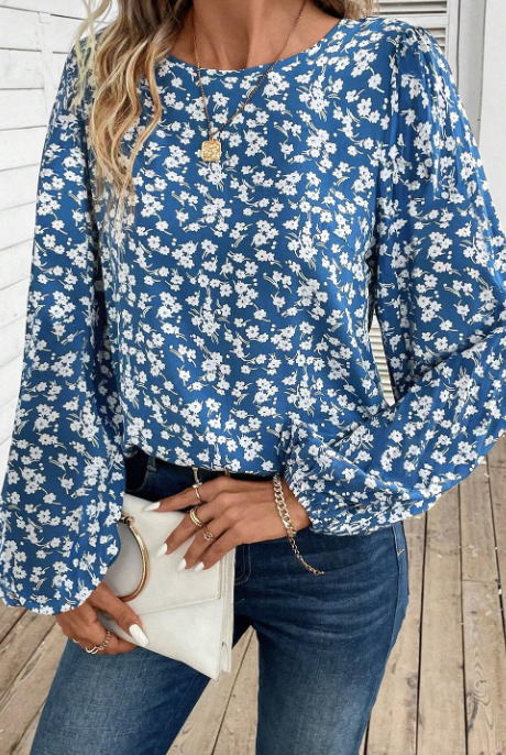 Blue Floral Print Lantern Sleeve Top