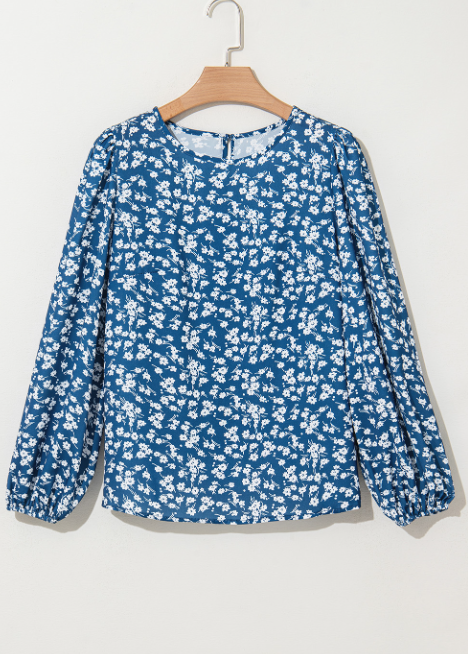Blue Floral Print Lantern Sleeve Top