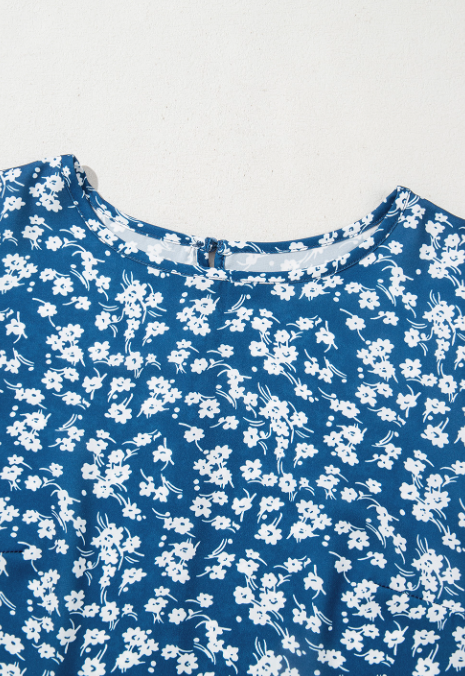 Blue Floral Print Lantern Sleeve Top