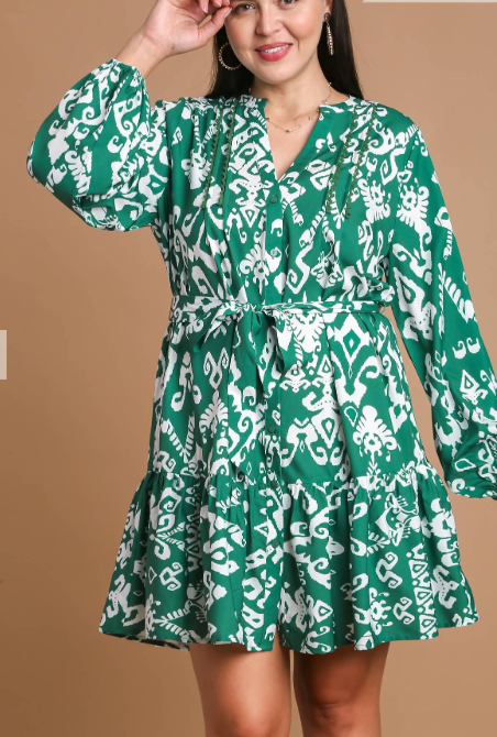 Green Belted Geo Print Dress