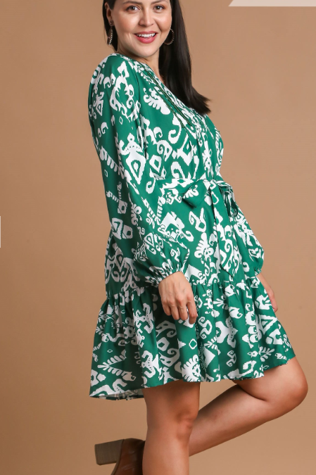 Green Belted Geo Print Dress