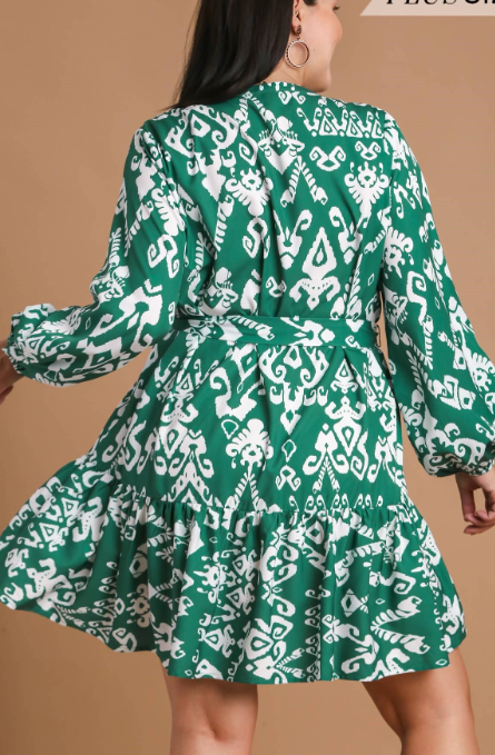 Green Belted Geo Print Dress