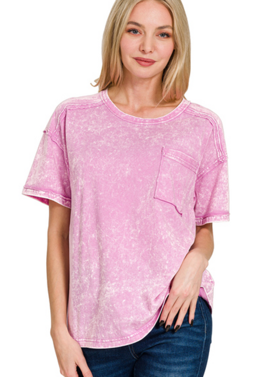 Mauve Acid Wash Round Neck With Pocket Zenana