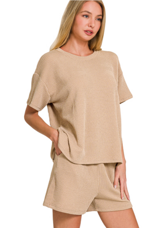 Light Mocha Corded Rib Shirt & Short Set Zenana