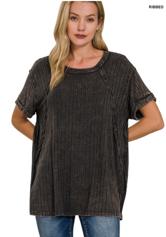 Ash Black Acid Wash Ribbed Top