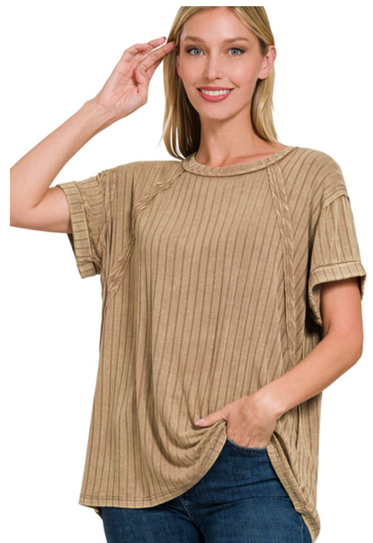 Mocha Acid Wash Ribbed Top