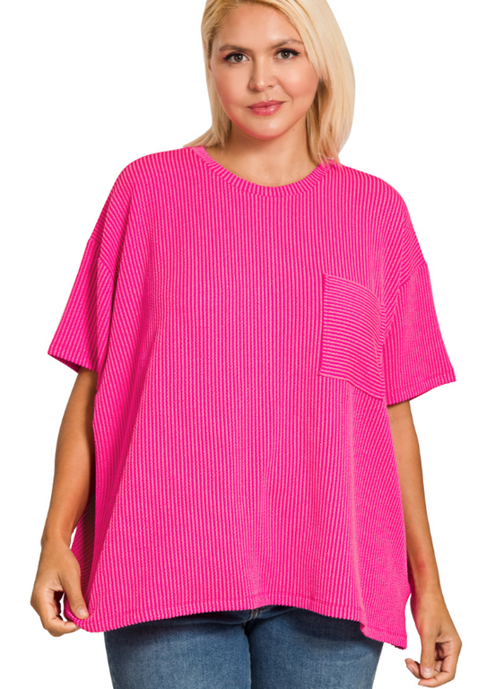 Pink Ribbed Short Sleeve Top
