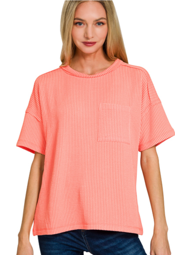 Coral Ribbed Short Sleeve Top