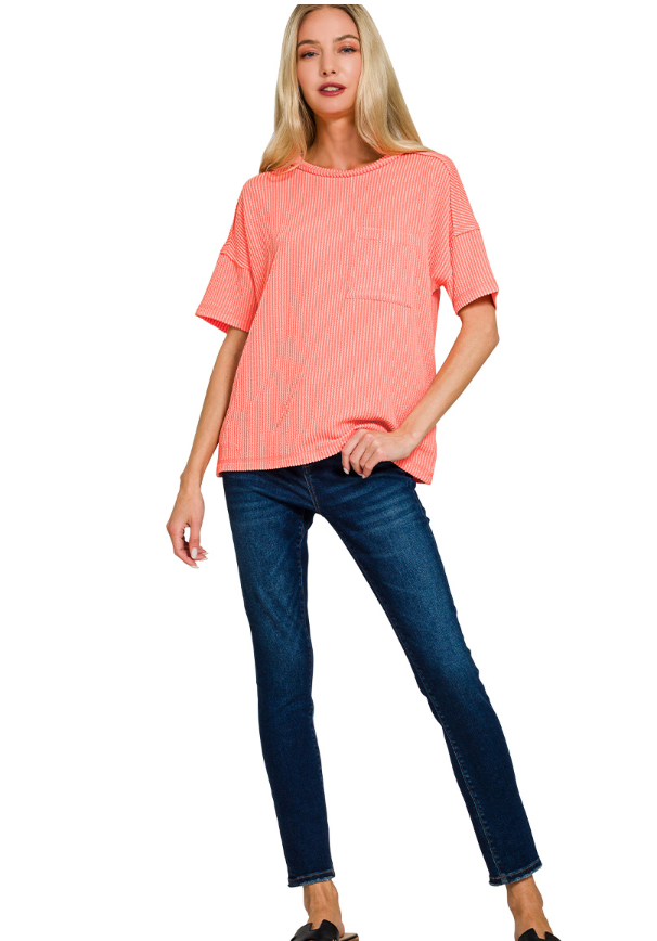 Coral Ribbed Short Sleeve Top