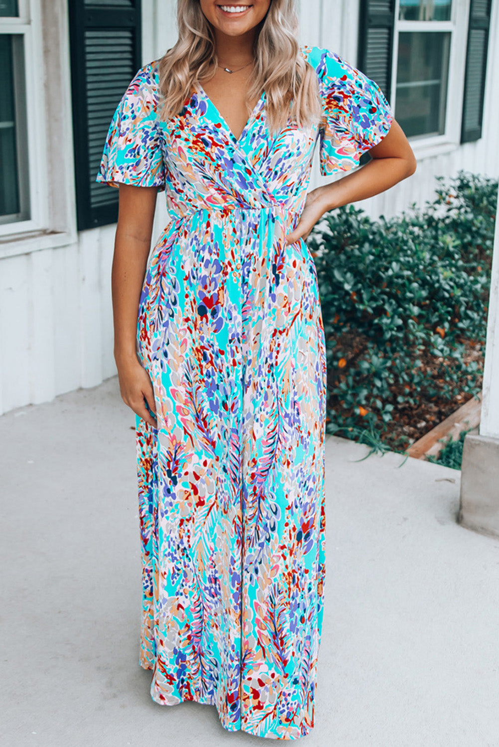 Maxi Dress VNeck Teal Spring Floral