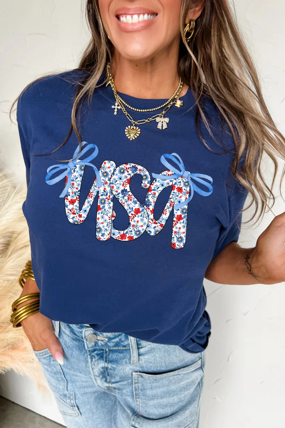 Curvy Blue Bow Floral USA Top