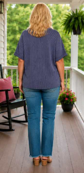 Navy Ribbed Short Sleeve Curvy Top
