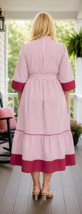 Red Stripe Ruffle Hem Midi Curvy