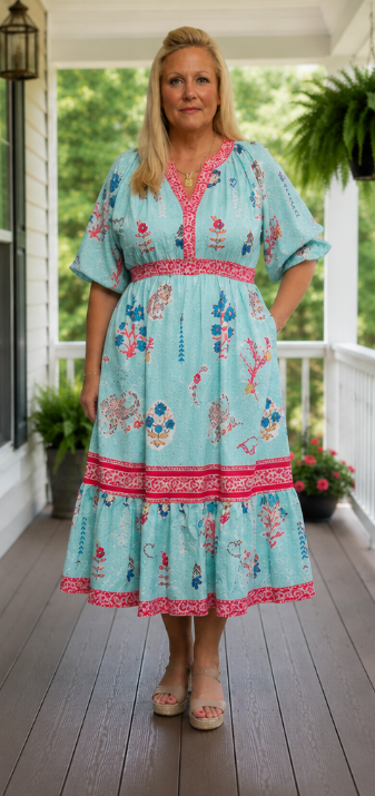 Curvy Mint Puffed Sleeve Midi Dress