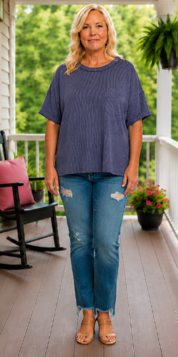 Navy Ribbed Short Sleeve Curvy Top