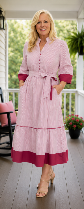 Red Stripe Ruffle Hem Midi Curvy