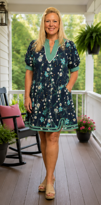 Navy Petal Pop Puff Sleeve Curvy