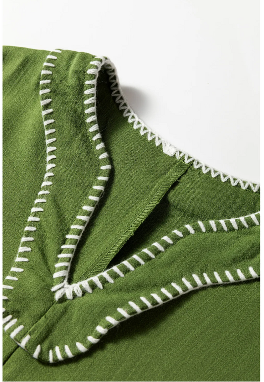 Green Stitched V-Neck Dress