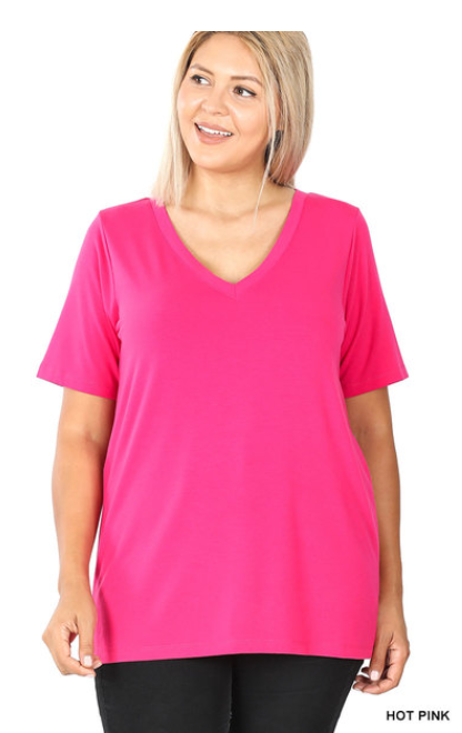 Hot Pink V Neck Round Hem Top
