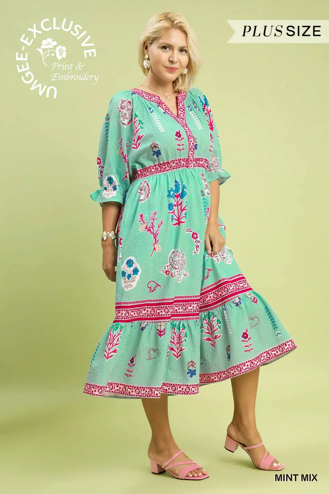 Curvy Mint Puffed Sleeve Midi Dress
