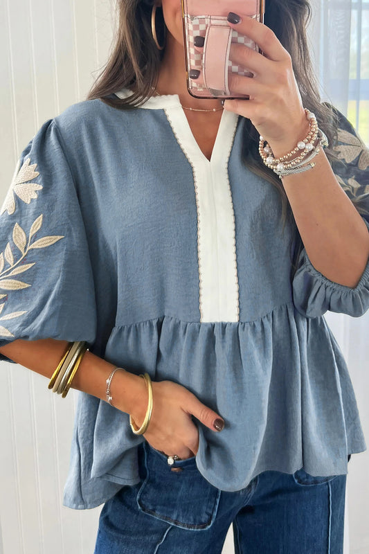 Blue Puffed Sleeve Baby Doll Top