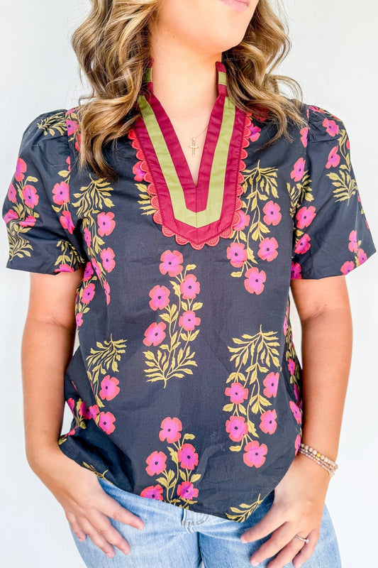 Curvy Black Floral Ricrac Top